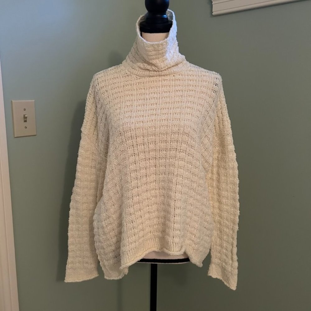 Eileen Fisher ivory open-knit turtleneck sweater